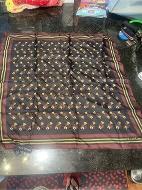 Vintage Ralph Lauren Black, Burgundy & Gold Silk Scarf with Polo bear motif